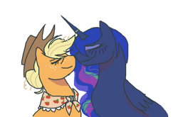 Size: 828x545 | Tagged: safe, artist:necronyancy, derpibooru import, applejack, princess luna, alicorn, earth pony, pony, g4, applejack's hat, bust, clothes, cowboy hat, duo, eyes closed, female, freckles, hat, lesbian, nuzzling, ship:lunajack, shipping, simple background, smiling, white background