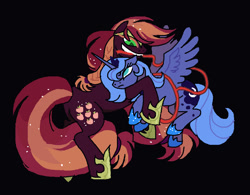 Size: 973x758 | Tagged: safe, artist:necronyancy, derpibooru import, applejack, princess luna, alicorn, earth pony, pony, g4, black background, duo, female, freckles, frown, jewelry, lesbian, nightmare applejack, nightmarified, regalia, s1 luna, ship:lunajack, shipping, simple background, smiling, smirk, spread wings, wings