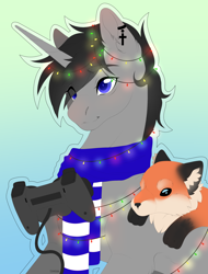 Size: 1900x2500 | Tagged: safe, artist:elberas, derpibooru import, oc, oc only, oc:black cross, fox, pony, unicorn, christmas, christmas lights, clothes, dualshock controller, ear piercing, gradient background, holiday, piercing, scarf, solo, striped scarf