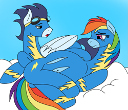 Size: 839x720 | Tagged: safe, artist:dasher666, artist:patch, derpibooru import, edit, rainbow dash, soarin', pegasus, pony, g4, clothes, female, male, preggo dash, pregnant, shipping, soarindash, straight, torn clothes, uniform, wonderbolts, wonderbolts uniform