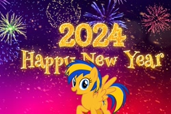 Size: 1200x800 | Tagged: safe, artist:mlpfan3991, derpibooru import, oc, oc:flare spark, pegasus, pony, 2024, female, happy new year, holiday, solo