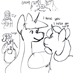 Size: 1280x1280 | Tagged: safe, artist:ponyvillez, derpibooru import, rarity, twilight sparkle, alicorn, human, pony, unicorn, g4, duo, female, lesbian, looking at each other, looking at someone, monochrome, rarilight, shipping, smiling, text