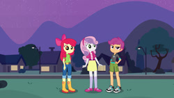 Size: 1920x1080 | Tagged: safe, artist:mlpfan3991, derpibooru import, apple bloom, scootaloo, sweetie belle, equestria girls, g4, boots, clothes, cutie mark crusaders, denim, female, hoodie, house, jacket, jeans, lamppost, night, pants, shirt, shoes, short pants, shorts, socks, street, tennis shoes, tree, trio, trio female