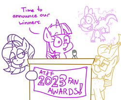 Size: 4779x3942 | Tagged: safe, artist:adorkabletwilightandfriends, derpibooru import, moondancer, spike, starlight glimmer, twilight sparkle, twilight sparkle (alicorn), alicorn, comic:adorkable twilight and friends, g4, adorkable, adorkable twilight, award, banner, ceremony, cute, dork, happy, levitation, magic, microphone, podium, smiling, telekinesis