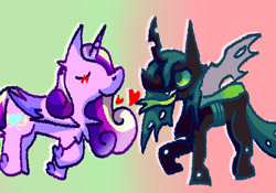 Size: 1879x1315 | Tagged: safe, artist:ponyenjoer, derpibooru import, princess cadance, queen chrysalis, alicorn, changeling, changeling queen, pony, g4, blushing, chest fluff, duo, eyes closed, female, gradient background, heart, infidelity, lesbian, ship:cadalis, shipping, smiling, tongue, tongue out