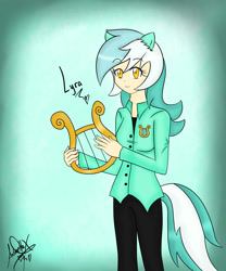 Size: 1500x1800 | Tagged: safe, artist:antonellax100, derpibooru import, lyra heartstrings, human, g4, clothes, eared humanization, female, gijinka, gradient background, humanized, lyre, musical instrument, pony ears, shirt, smiling, solo, tail, tailed humanization