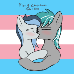 Size: 768x768 | Tagged: safe, artist:eklipsethepony, oc, oc only, oc:haze northfleet, oc:malachite cluster, bat pony, pegasus, pony, bat pony oc, blushing, christmas, couple, eyes closed, female, holiday, kiss on the lips, kissing, male, mare, oc x oc, pegasus oc, shipping, stallion, straight, touching, transgender pride flag