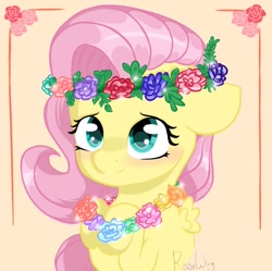 Size: 1483x1480 | Tagged: safe, artist:flutterbug18, derpibooru import, fluttershy, pegasus, pony, g4, beige background, bust, cute, ears, female, floppy ears, floral head wreath, flower, mare, shyabetes, simple background, small wings, smiling, solo, wings