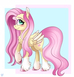 Size: 1948x2048 | Tagged: safe, artist:galaxy swirl, derpibooru import, fluttershy, pegasus, pony, g4, abstract background, blaze (coat marking), blushing, chest fluff, coat markings, colored eartips, colored eyebrows, colored hooves, colored wings, cute, ear fluff, ears, eye clipping through hair, facial markings, feathered fetlocks, female, fetlock tuft, folded wings, full body, looking at you, mare, raised hoof, raised leg, shyabetes, side view, smiling, smiling at you, socks (coat marking), solo, two toned wings, unshorn fetlocks, wings