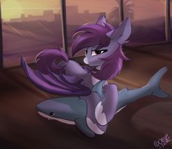 Size: 5545x4800 | Tagged: safe, alternate version, artist:gooseshit, derpibooru import, oc, oc only, oc:pestyskillengton, bat pony, pony, background, chest fluff, ear fluff, ears, plushie, red eyes, shark plushie, solo, spread wings, wings