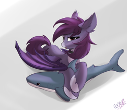 Size: 5545x4800 | Tagged: safe, alternate version, artist:gooseshit, derpibooru import, oc, oc only, oc:pestyskillengton, bat pony, pony, chest fluff, ear fluff, ears, plushie, red eyes, shark plushie, simple background, solo, spread wings, wings