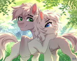 Size: 3000x2400 | Tagged: safe, artist:hakaina, derpibooru import, oc, earth pony, pony, backlighting, blue eyes, butt fluff, chest fluff, chin fluff, colored, concave belly, duo, ear fluff, ears, female, forest background, green eyes, height difference, high res, hug, leg fluff, lighting, looking at each other, looking at someone, male, mare, shading, side view, signature, slender, smiling, stallion, standing, thin, unnamed oc, unshorn fetlocks, ych sketch, your character here