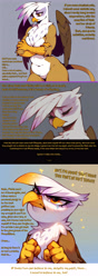 Size: 2000x5656 | Tagged: safe, ai content, artist:rupert, derpibooru import, generator:pony diffusion v6 xl, generator:stable diffusion, machine learning assisted, machine learning generated, gilda, griffon, series:ask white belly gilda, g4, ask, bipedal, crying, determined look, dialogue, emotional, female, former bully, high res, implied fluttershy, implied pinkie pie, implied rainbow dash, pale belly, plump, prompter:rupert, sad, solo, teary eyes, tumblr, white belly