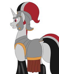 Size: 1000x1250 | Tagged: safe, artist:saint boniface, derpibooru import, oc, oc only, oc:red rocket, pony, unicorn, armor, clothes, female, latex, latex stockings, mare, simple background, solo, stockings, thigh highs, white background