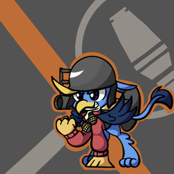 Size: 1400x1400 | Tagged: safe, artist:derp pone, derpibooru import, gallus, griffon, clothes, costume, helmet, rocket launcher, soldier, solo, team fortress 2, weapon