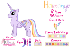 Size: 1920x1280 | Tagged: safe, artist:[mlp] harmony, derpibooru import, oc, oc only, oc:harmony, alicorn, pony, colored wings, female, mare, multicolored hair, multicolored mane, multicolored tail, multicolored wings, ponysona, reference sheet, show accurate, side view, simple background, smiling, solo, standing, tail, white background, wings