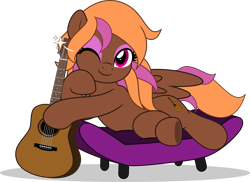 Size: 6879x5000 | Tagged: safe, artist:jhayarr23, derpibooru import, oc, oc only, oc:lovesong, pegasus, commission, commissioner:solar aura, cute, guitar, musical instrument, one eye closed, pegasus oc, simple background, sofa, solo, transparent background, wink, ych result, your character here