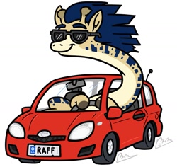 Size: 1143x1079 | Tagged: safe, artist:jargon scott, derpibooru import, oc, oc only, oc:procerus, giraffe, car, commission, driving, giraffe oc, long neck, male, simple background, smiling, solo, sunglasses, white background