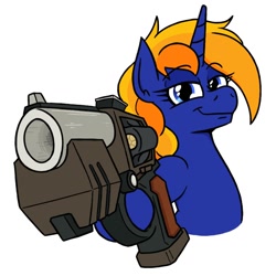 Size: 940x940 | Tagged: safe, artist:jargon scott, derpibooru import, oc, oc only, oc:comet dust, pony, unicorn, commission, deep rock galactic, eyebrows, eyebrows visible through hair, female, gun, handgun, hoof hold, lidded eyes, looking at you, mare, revolver, simple background, smiling, smiling at you, solo, weapon, white background