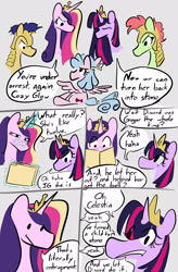 Size: 1344x2048 | Tagged: safe, artist:captainzigo, derpibooru import, cozy glow, flash sentry, princess cadance, twilight sparkle, twilight sparkle (alicorn), alicorn, pegasus, pony, series:entrapment, book, comic, crown, discord got away with it, implied petrification, jewelry, regalia, text, we turned a child to stone