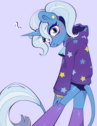 Size: 1620x2099 | Tagged: safe, artist:rtootb, derpibooru exclusive, derpibooru import, trixie, anthro, unicorn, :o, alternate hairstyle, babysitter trixie, blue mane, blushing, clothes, cute, cute face, diatrixes, ear piercing, earring, embarrassed, female, gameloft interpretation, hoodie, jewelry, leonine tail, looking at you, open mouth, piercing, pigtails, ponytail, simple background, solo, stockings, tail, thigh highs, twintails