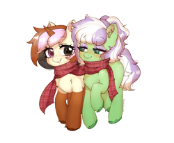 Size: 1948x1607 | Tagged: safe, artist:ponchik_art, derpibooru import, oc, oc only, oc:kosmicia, oc:neopony, pegasus, pony, unicorn, 2024 community collab, blushing, chest fluff, clothes, coat markings, colored horn, derpibooru community collaboration, duo, ear fluff, ears, eyeshadow, full body, horn, looking at each other, looking at someone, makeup, multicolored eyes, multicolored hair, scarf, shared clothing, shared scarf, simple background, smiling, smiling at each other, sparkles, teeth, transparent background, unshorn fetlocks