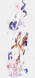 Size: 3230x7000 | Tagged: safe, artist:iheyyasyfox, derpibooru import, oc, oc only, oc:lightning flash, oc:nashira sparkle, oc:stella alba nyx, oc:sweet starlight "skyla", alicorn, classical unicorn, pegasus, pony, unicorn, absurd resolution, cloven hooves, female, filly, flying, foal, gray background, horn, leonine tail, mare, offspring, parent:flash sentry, parent:twilight sparkle, parents:flashlight, siblings, simple background, sisters, unshorn fetlocks