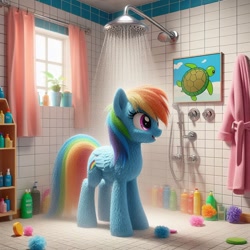 Size: 1024x1024 | Tagged: safe, ai content, derpibooru import, generator:dall-e 3, machine learning generated, rainbow dash, pegasus, pony, turtle, g4, bathrobe, clothes, curtains, prompter:morishy1000, robe, shampoo, shower, solo, wet, wet fur, wet mane, window, wrong cutie mark