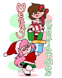 Size: 2400x3000 | Tagged: safe, artist:befishproductions, derpibooru import, oc, oc only, oc:befish, oc:fluffle puff, human, bow, breasts, christmas, christmas outfit, cleavage, clothes, duo, duo female, female, freckles, hair bow, hat, holiday, humanized, humanized oc, leg warmers, merry christmas, present, santa hat, simple background, skirt, white background