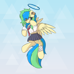 Size: 3500x3500 | Tagged: safe, artist:hcl, derpibooru import, oc, oc only, oc:hcl, pegasus, pony, blue archive, clothes, gradient background, heterochromia, midriff, sailor uniform, solo, uniform