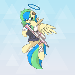 Size: 3500x3500 | Tagged: safe, alternate version, artist:hcl, derpibooru import, oc, oc only, oc:hcl, pegasus, pony, blue archive, clothes, gradient background, gun, heterochromia, sailor uniform, solo, uniform, weapon