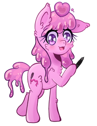 Size: 1700x2200 | Tagged: safe, artist:bubblegooey, derpibooru exclusive, derpibooru import, oc, oc only, oc:bubblegooey, goo, goo pony, original species, pony, 2024 community collab, chest fluff, cute, derpibooru community collaboration, ear fluff, ears, female, fluffy, heart, looking at you, open mouth, open smile, pen, pink coat, pink mane, purple eyes, raised hoof, raised leg, shiny mane, simple background, slime, smiling, smiling at you, solo, sparkly eyes, standing, stylus, transparent background, wingding eyes