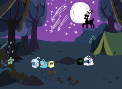 Size: 3448x2510 | Tagged: safe, artist:nova star, derpibooru import, deer, pony, g4, art, bags, camp, camping, forest, moon, nature, night, paper, project, sky, stars, tent, tree