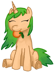 Size: 1040x1374 | Tagged: safe, artist:eggmusubi, derpibooru exclusive, derpibooru import, oc, oc only, oc:mikan melody, pony, unicorn, 2024 community collab, derpibooru community collaboration, eyes closed, female, food, mare, orange, simple background, sitting, solo, transparent background