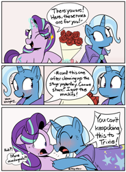 Size: 2081x2833 | Tagged: safe, artist:icey, derpibooru import, starlight glimmer, trixie, pony, unicorn, g4, blushing, bouquet, chest fluff, comic, dialogue, ear fluff, ears, eye clipping through hair, female, floppy ears, flower, implied shipping, lesbian, levitation, magic, mare, nervous, nervous smile, one eye closed, rose, scrunchy face, shipping, smiling, startrix, telekinesis, trixie is not amused, unamused, wink, yelling