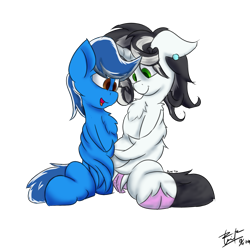 Size: 2048x2048 | Tagged: safe, artist:dianetgx, derpibooru import, oc, oc only, oc:mobius, oc:silvia cascadia, hippogriff, pegasus, 2024 community collab, chest fluff, cloven hooves, couple, derpibooru community collaboration, duo, ear piercing, earring, jewelry, piercing, simple background, sitting, smiling, transparent background