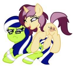 Size: 2086x1882 | Tagged: safe, artist:sjart117, derpibooru import, oc, oc only, oc:lannie lona, oc:miles bright, earth pony, pony, unicorn, 2024 community collab, annoyed, derpibooru community collaboration, duo, female, frown, glasses, mare, simple background, transparent background