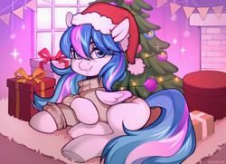 Size: 3605x2617 | Tagged: safe, artist:sugarstar, derpibooru import, oc, oc only, pegasus, pony, carpet, christmas, christmas lights, christmas tree, clothes, cute, fireplace, hat, holiday, looking at you, lying down, present, santa hat, smiling, solo, sparkles, sweater, tree, window