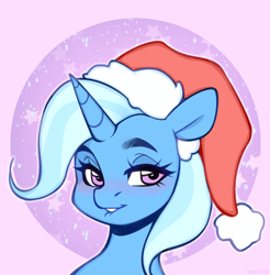 Size: 3438x3500 | Tagged: safe, artist:sugarstar, derpibooru import, trixie, pony, unicorn, blushing, christmas, cute, hat, holiday, icon, lip bite, looking at you, santa hat, solo