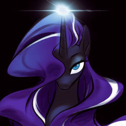 Size: 1000x1000 | Tagged: safe, artist:tttthunderbolt, derpibooru import, nightmare rarity, alicorn, pony, female, hair over one eye, horn, mare, narrowed eyes, solo