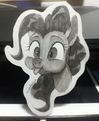 Size: 1440x1758 | Tagged: safe, artist:tttthunderbolt, derpibooru import, pinkie pie, earth pony, pony, bust, grayscale, monochrome, photo, portrait, silly, silly pony, solo, tongue, tongue out, traditional art