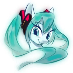 Size: 1000x1000 | Tagged: safe, artist:tttthunderbolt, derpibooru import, pony, bust, female, hair ornament, hatsune miku, mare, pigtails, ponified, portrait, smiling, solo, species swap, twintails, vocaloid