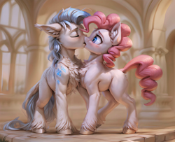 Size: 4000x3250 | Tagged: safe, ai content, derpibooru import, generator:stable diffusion, machine learning generated, pinkie pie, oc, earth pony, pony, canon x oc, chest fluff, duo, ear fluff, ears, female, high res, kissing, mare, prompter:raif