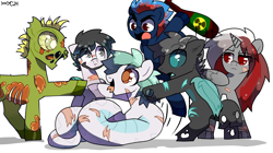 Size: 3648x2041 | Tagged: safe, artist:juiss, derpibooru import, oc, oc:biru, oc:captain juiss, oc:morgensonne, changeling, earth pony, ghoul, lamia, original species, pegasus, pony, snake, snake pony, undead, zombie, simple background, white background