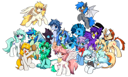 Size: 5670x3401 | Tagged: safe, artist:gale spark, derpibooru import, oc, oc only, oc:cyan6, oc:diamonody, oc:jade luster, oc:linbow, oc:三叶虫, oc:剑使者, oc:吉光, oc:奇幻光影, oc:晨光领主, oc:清风, oc:白翼西风, oc:老鹰解说, oc:肴酩, oc:芳棠, oc:魔法师, alicorn, bat pony, changeling, earth pony, hippogriff, kirin, pegasus, pony, unicorn, 2024 community collab, derpibooru community collaboration, fimtale, group, group photo, simple background