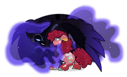 Size: 1280x785 | Tagged: safe, artist:queerhorses, derpibooru import, nightmare moon, pinkie pie, pony, alternate design, simple background, transparent background