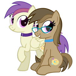 Size: 1501x1501 | Tagged: safe, artist:the smiling pony, derpibooru import, oc, oc only, oc:dawnsong, oc:evensong, earth pony, pegasus, pony, g4, .svg available, 2024 community collab, choker, collar, derpibooru community collaboration, duo, female, glasses, looking at you, mare, simple background, sitting, smiling, transparent background, vector