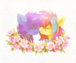 Size: 2941x2461 | Tagged: safe, artist:dearmary, derpibooru import, oc, oc only, oc:cuihua, oc:nova twinkle, earth pony, pony, cute, duo, earth pony oc, female, flower, kissing, mare, oc x oc, shipping, simple background