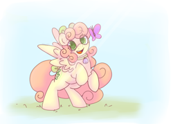 Size: 2800x2000 | Tagged: safe, artist:puppie, derpibooru import, oc, oc:soft sonance, butterfly, pegasus, cute, simple background, solo