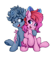 Size: 1300x1456 | Tagged: safe, artist:zeepheru_pone, derpibooru import, oc, oc only, oc:kaf, oc:zeph, pegasus, pony, 2024 community collab, bow, derpibooru community collaboration, duo, female, glasses, hair bow, hug, looking at each other, looking at someone, male, mare, simple background, stallion, transparent background